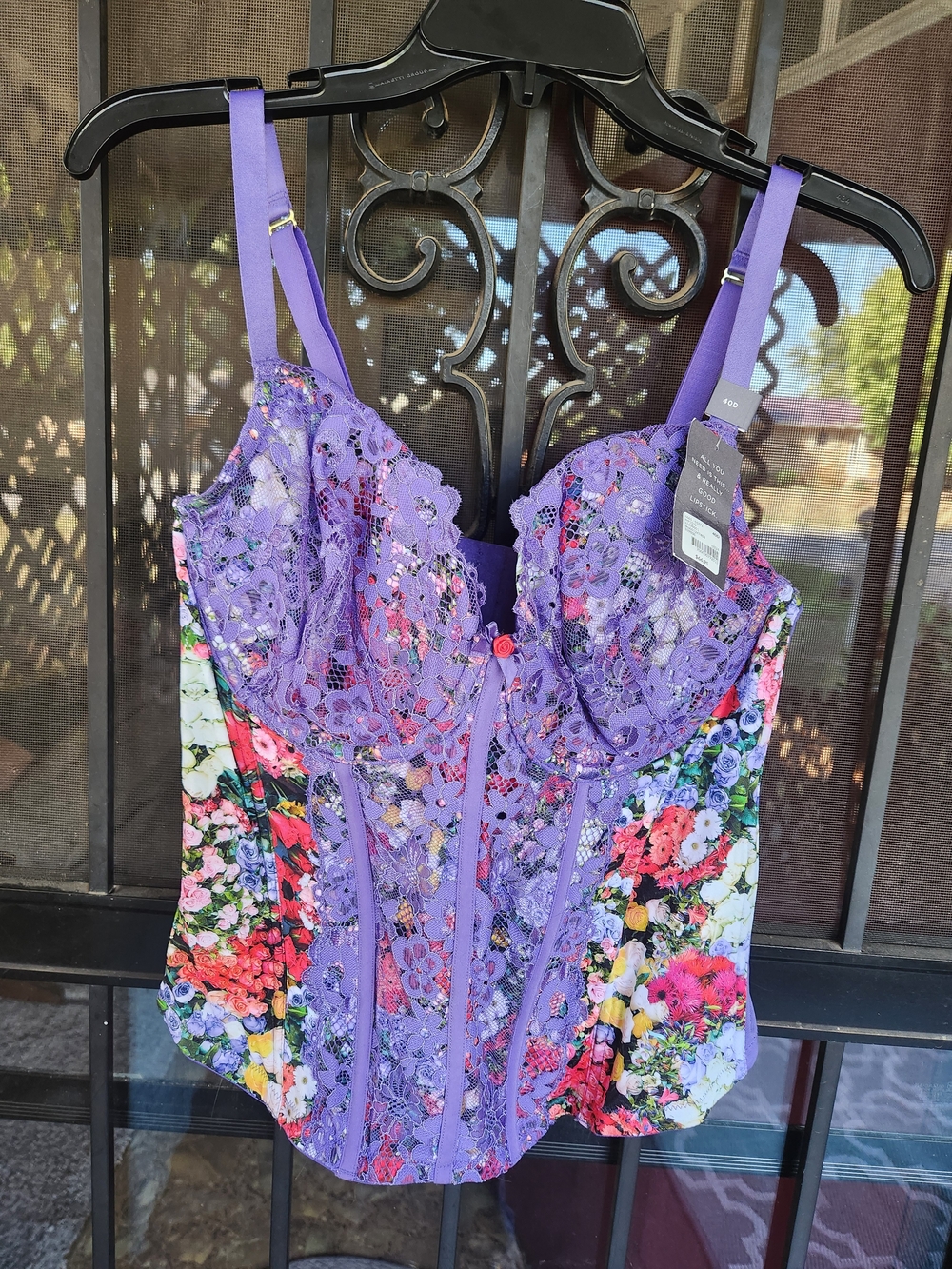 Cacique Purple Floral Lace Bustier with Multicolor Floral Panels